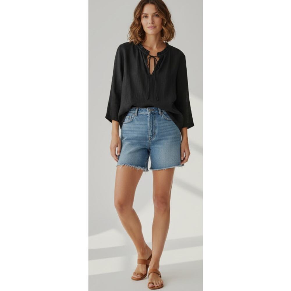 Rebecca Moses Black Linen Tie Collar Open Cardigan Jacket size 6